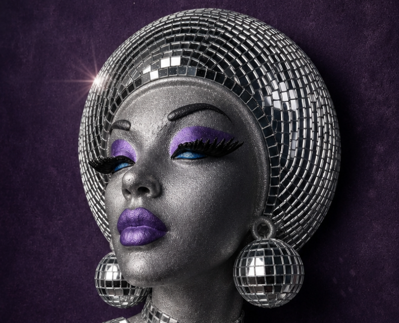 The Mirrorball Muse close up showing face detail and glass mirror tiles