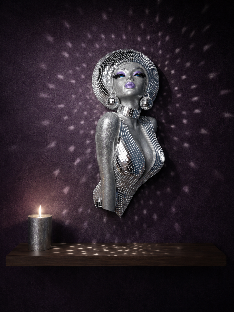 The Mirrorball Muse mirror ball wall art with candle and light scatter