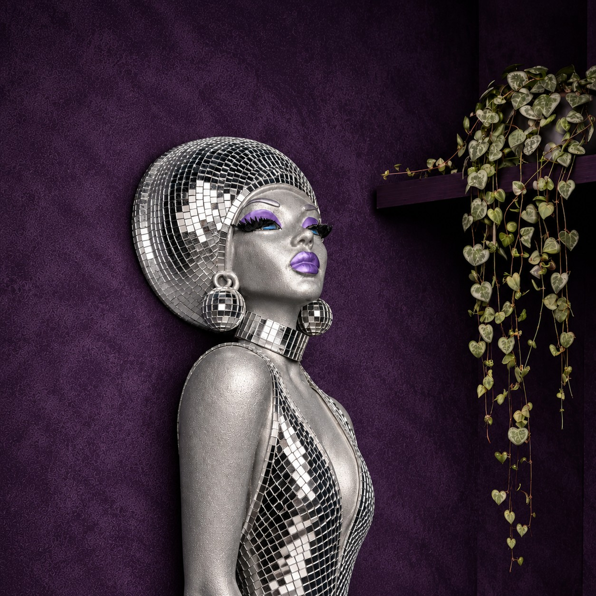 The Mirrorball Muse mirror ball bust wall art with trailing plant shelf