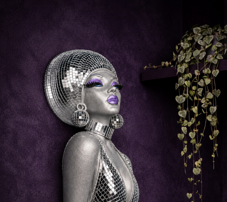 The Mirrorball Muse mirror ball bust wall art with trailing plant shelf