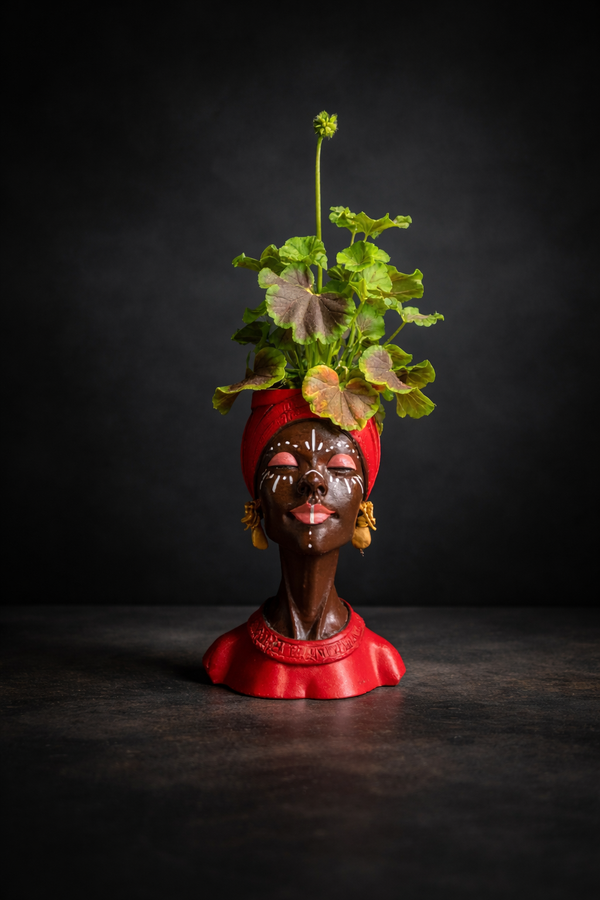 Handmade Woman Head Planter | Afrocentric Decor, Gold Earrings