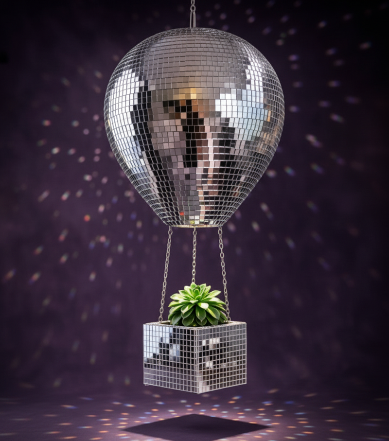 The Voyager mirror ball hot air balloon planter front view