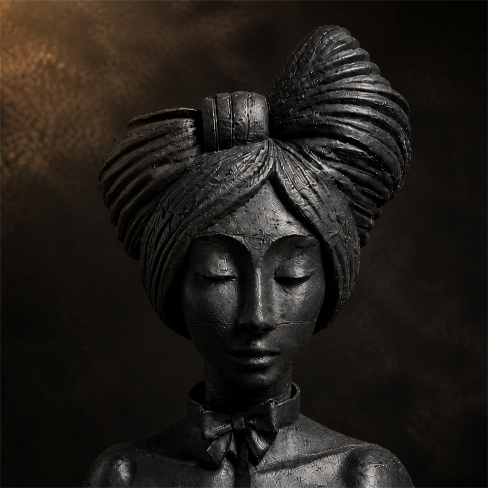 Close view of the matte black cast stone texture and sculpted face detail