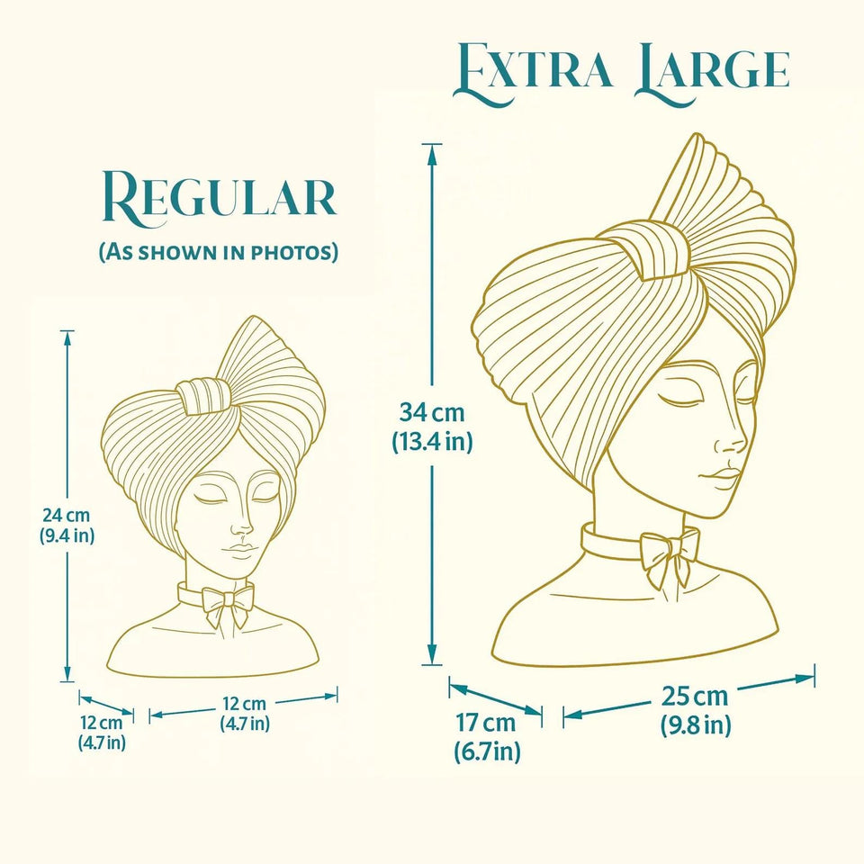 Woman head planter dimensions for the regular and extra large sizes