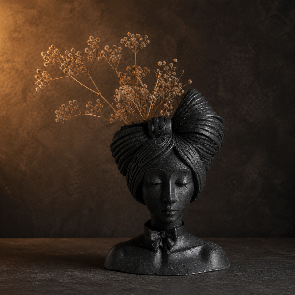 Matte black woman head planter styled with dried stems