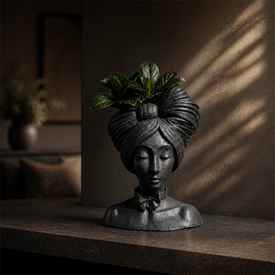 Woman head planter styled as a statement piece in a dark interior
