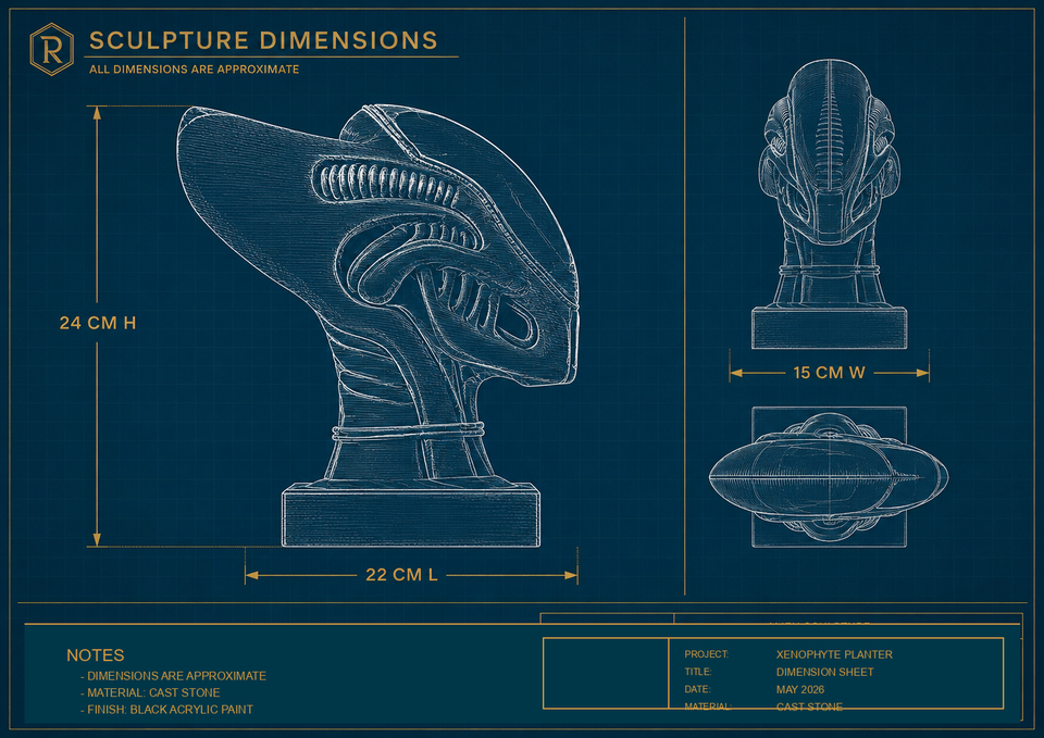 Dimension sheet for Xenophyte Planter showing 22 cm by 15 cm by 24 cm